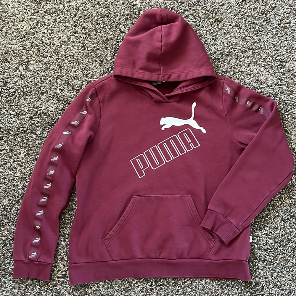 PUMA Burgundy Pullover Kids Hoodie, Size XL Logo on Front & Sleeves, Cotton